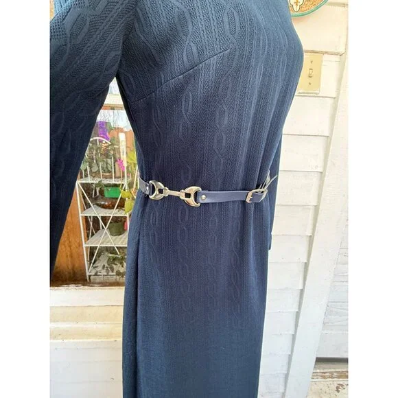 Vintage 70's Navy Blue LeRok Korell Knit Maxi Dress With Belt Sz M - Picture 5 of 16